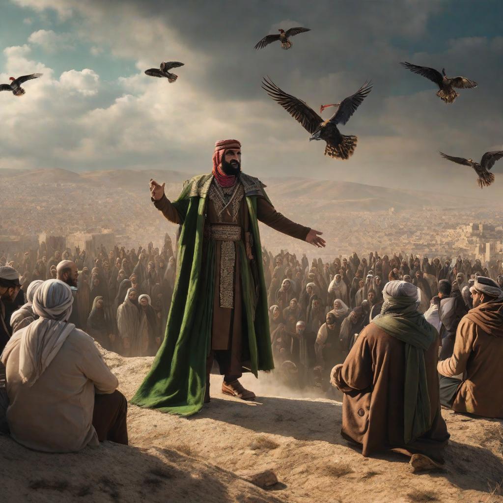  Two Arab men stood on top of a hill wearing brown cloaks and green clothes. One of them is holding the other's hand up as a hero. Around the hill, a large crowd of Arab and Muslim men and women are standing and very happy. Above the two men, birds are flying. The sky is cloudy, and light is shining through the clouds onto the hill. I want to capture the event of Ghadir in the image.. hyperrealistic, full body, detailed clothing, highly detailed, cinematic lighting, stunningly beautiful, intricate, sharp focus, f/1. 8, 85mm, (centered image composition), (professionally color graded), ((bright soft diffused light)), volumetric fog, trending on instagram, trending on tumblr, HDR 4K, 8K