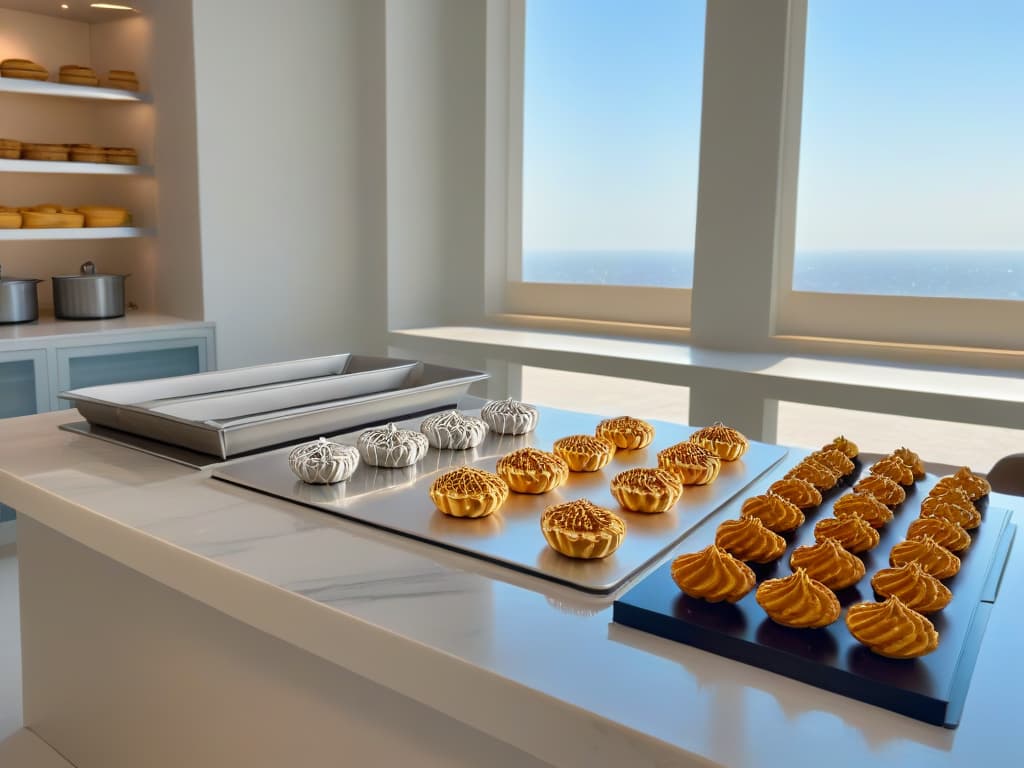  An image of a sleek, modern bakery kitchen with a pristine marble countertop showcasing an array of innovative custom cookie cutters in various shapes and sizes. The sunlight streaming through a window highlights the intricate designs of the cutters, casting soft shadows on the countertop. The overall aesthetic is clean, elegant, and visually appealing, perfectly capturing the essence of integrating custom cookie cutters into a bakery business to elevate creations. hyperrealistic, full body, detailed clothing, highly detailed, cinematic lighting, stunningly beautiful, intricate, sharp focus, f/1. 8, 85mm, (centered image composition), (professionally color graded), ((bright soft diffused light)), volumetric fog, trending on instagram, trending on tumblr, HDR 4K, 8K