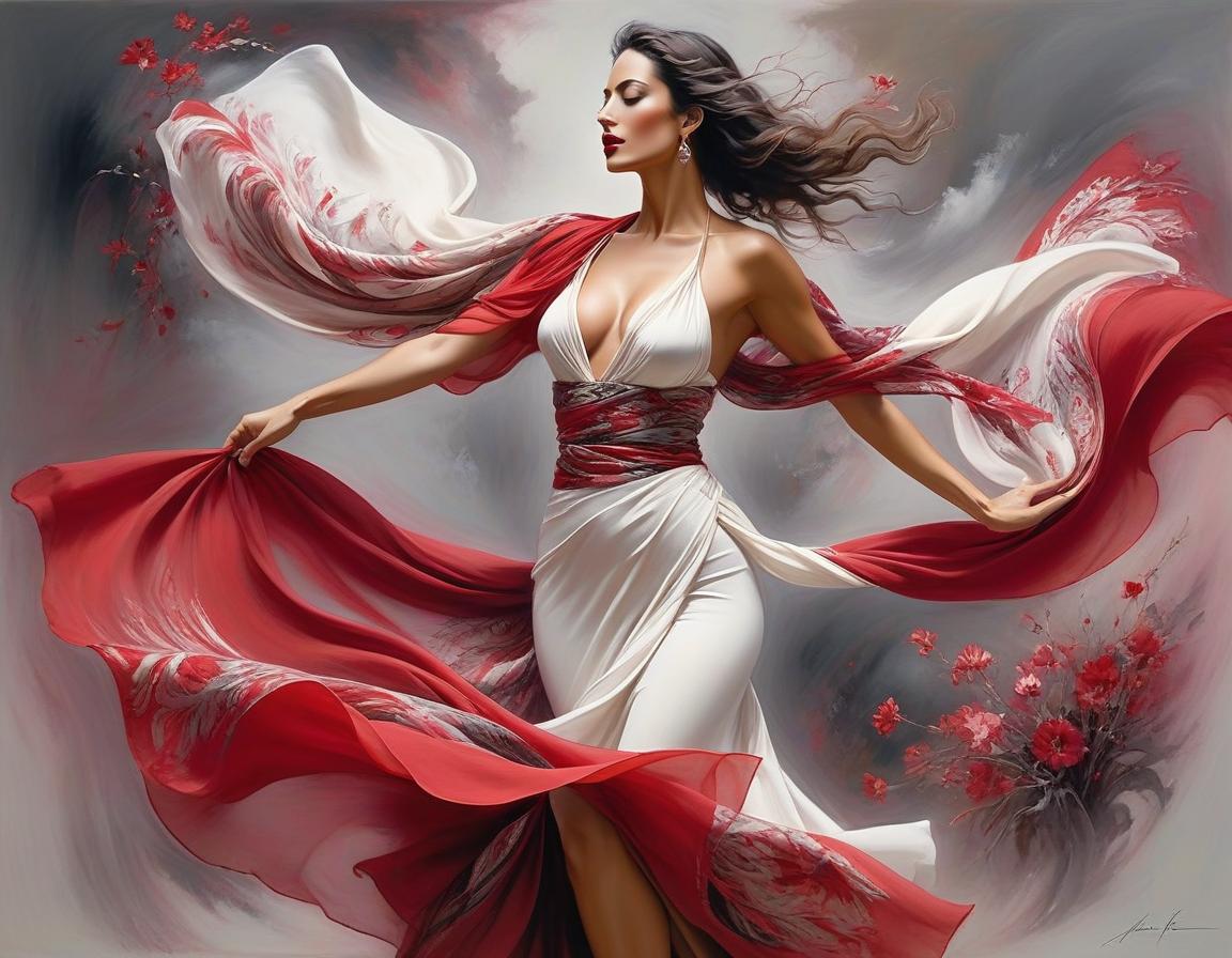  abstract expressionist painting depict an spanish woman, dancing, flowing floral scarf, elegant body lining. the backdrop is an ethereal spanish dreamscape of soft tones crimson, red, off white, magenta, grey. highly detailed. magic realism. alchemy. pastels, pen, ink and wash. luis royo, joaquin sorolla, georgia o’keeffe, arthur rackham. highest quality . energetic brushwork, bold colors, abstract forms, expressive, emotional hyperrealistic, full body, detailed clothing, highly detailed, cinematic lighting, stunningly beautiful, intricate, sharp focus, f/1. 8, 85mm, (centered image composition), (professionally color graded), ((bright soft diffused light)), volumetric fog, trending on instagram, trending on tumblr, HDR 4K, 8K