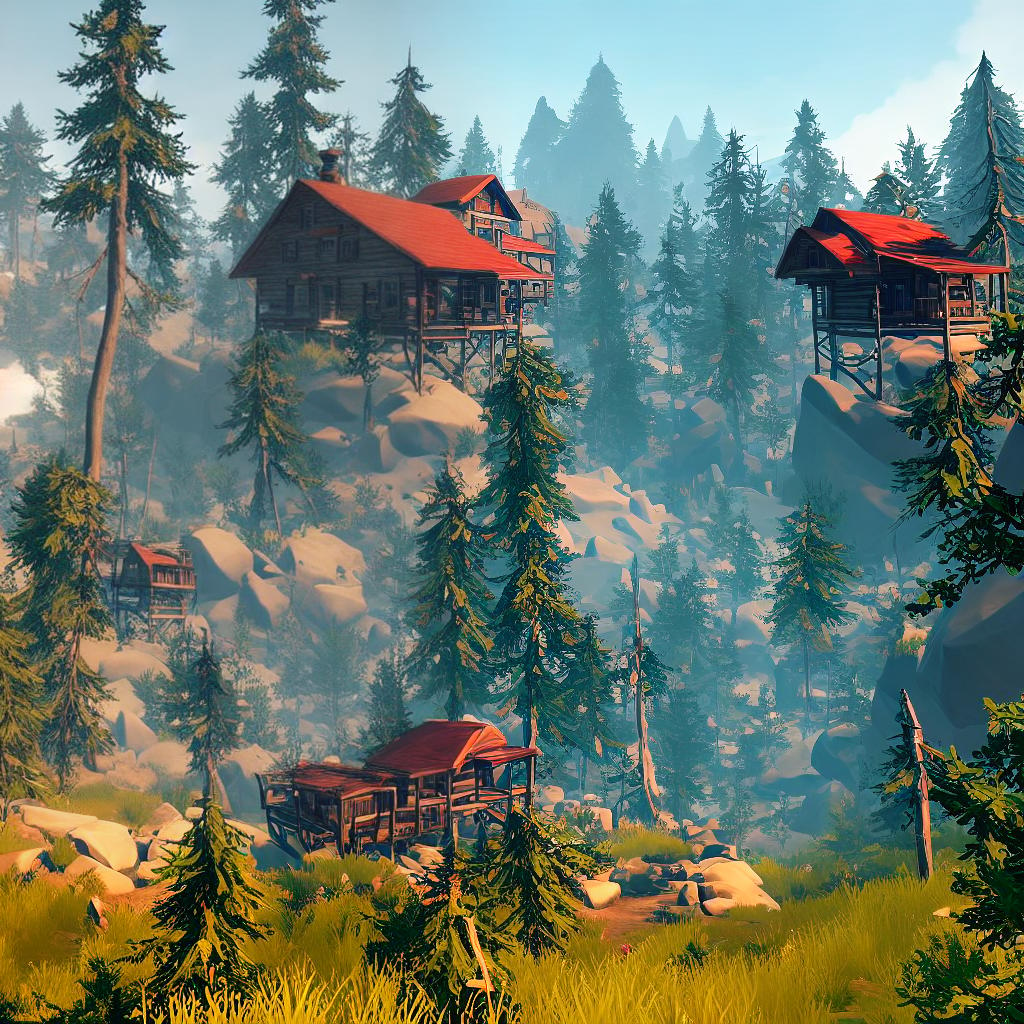 fwatch style small homes in mountains. mountains also has snow hyperrealistic, full body, detailed clothing, highly detailed, cinematic lighting, stunningly beautiful, intricate, sharp focus, f/1. 8, 85mm, (centered image composition), (professionally color graded), ((bright soft diffused light)), volumetric fog, trending on instagram, trending on tumblr, HDR 4K, 8K