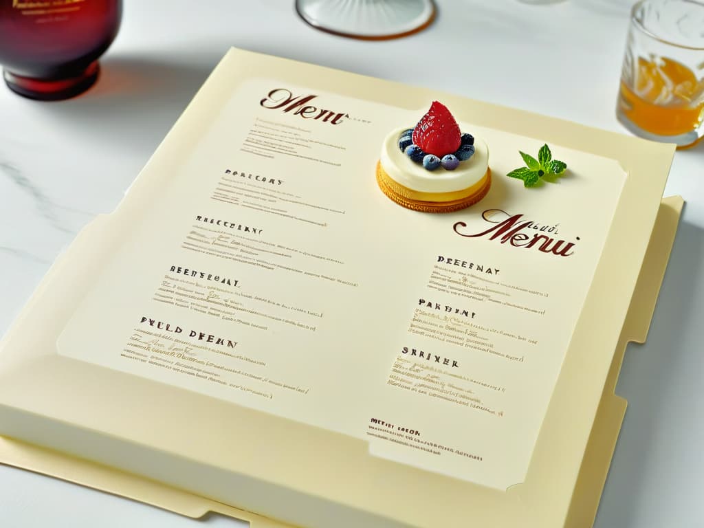  An ultradetailed closeup image of a beautifully designed dessert menu, showcasing elegant typography with intricate flourishes and delicate dessert illustrations in a soft color palette, all arranged harmoniously on a textured paper background to convey a sense of sophistication and professionalism in dessert menu design. hyperrealistic, full body, detailed clothing, highly detailed, cinematic lighting, stunningly beautiful, intricate, sharp focus, f/1. 8, 85mm, (centered image composition), (professionally color graded), ((bright soft diffused light)), volumetric fog, trending on instagram, trending on tumblr, HDR 4K, 8K