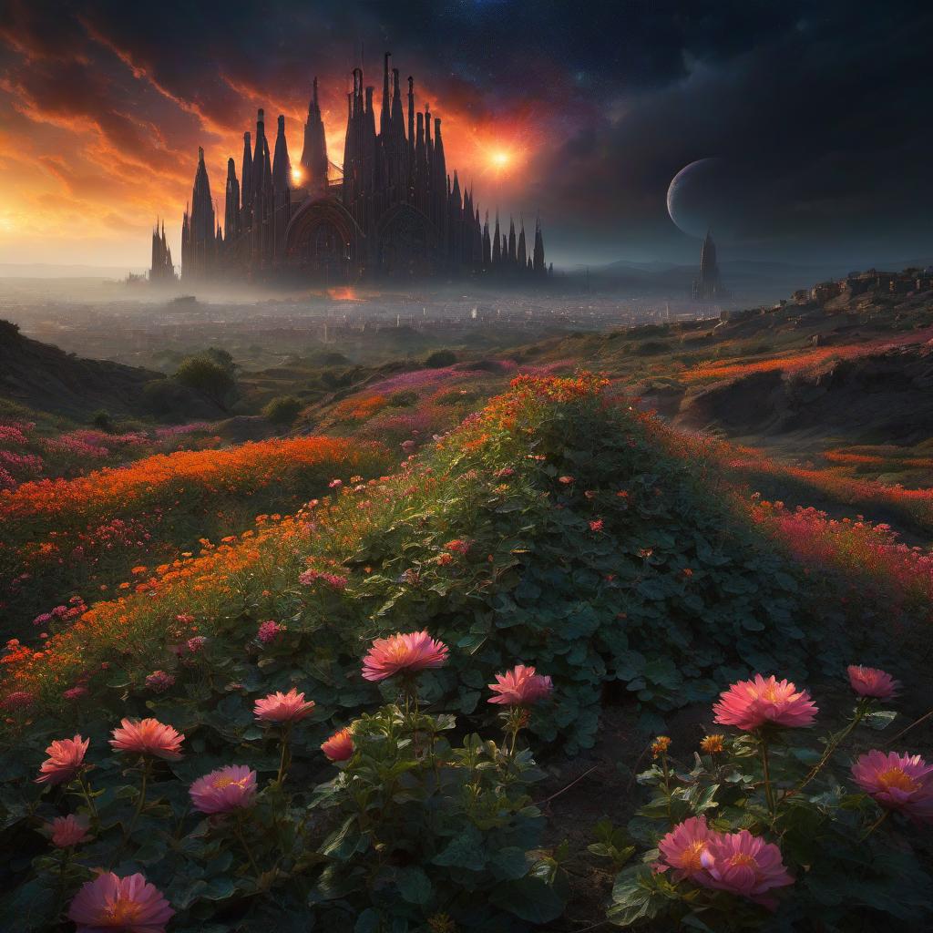  (stylized by Tomasz Alen Kopera:1.3) , dark art, dense flower field and Perseid meteor in background, landscape of a (Barcelona:1.2) , very Bizarre and 1600'S, Hurricane, Glitchcore, Amaro, layered textures, ornate, intricate artistic color, complimentary colors, very inspirational, atmosphere, fine artistic composition, sunny, theatrical hyperrealistic, full body, detailed clothing, highly detailed, cinematic lighting, stunningly beautiful, intricate, sharp focus, f/1. 8, 85mm, (centered image composition), (professionally color graded), ((bright soft diffused light)), volumetric fog, trending on instagram, trending on tumblr, HDR 4K, 8K