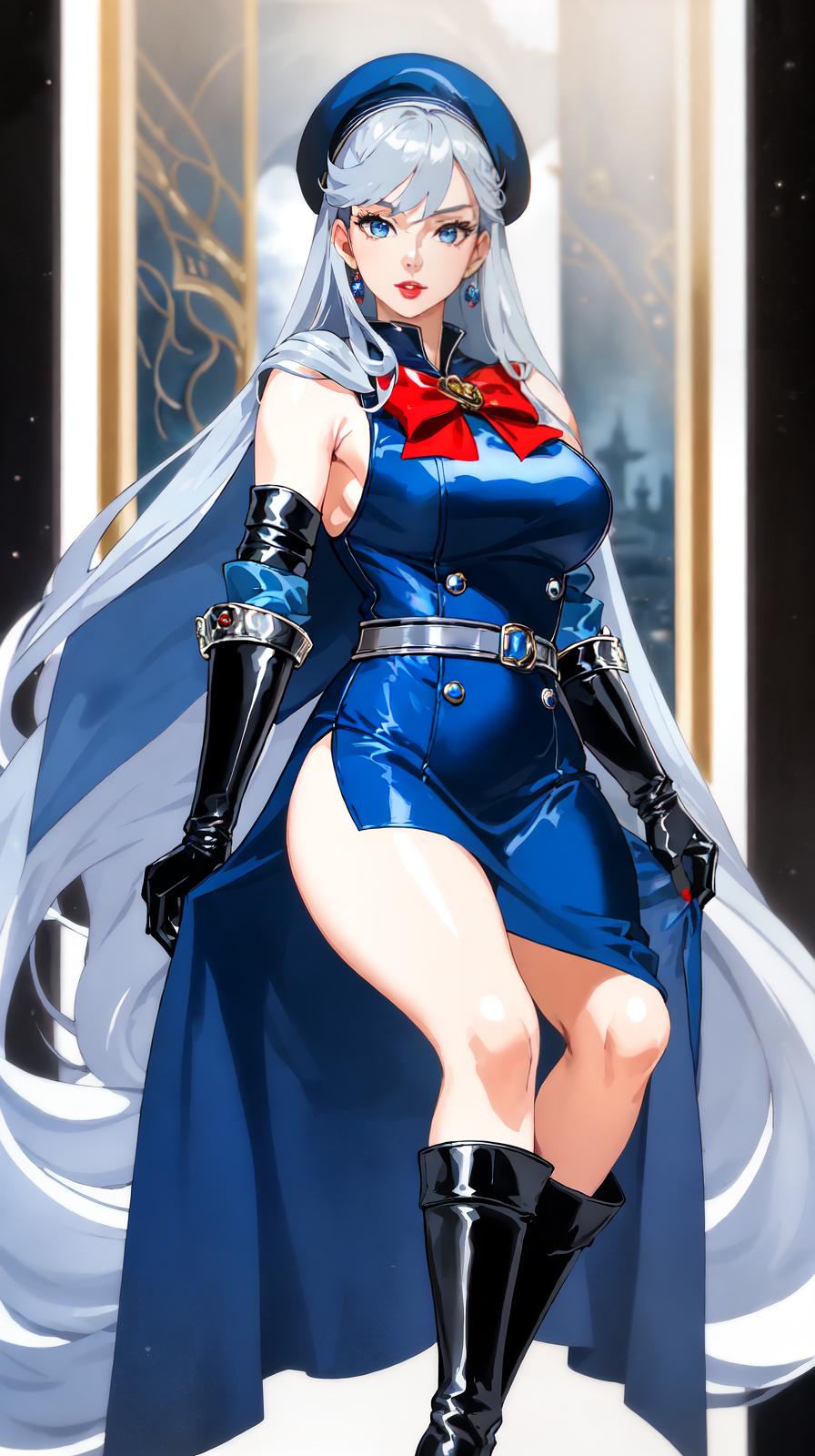  master piece , best quality,Silver blue hair,Beautiful lady, Blue eyes ,id hair,Put on a long cape coat ,Opera gloves, Panniers, Glamour lady,Red glossy lip, lady, sleeveless, Sensual lady , sleeveless sailor suit ,Color leather mini tiered fluffy, beret, ,Knee high boots, Magical , big bow on the 