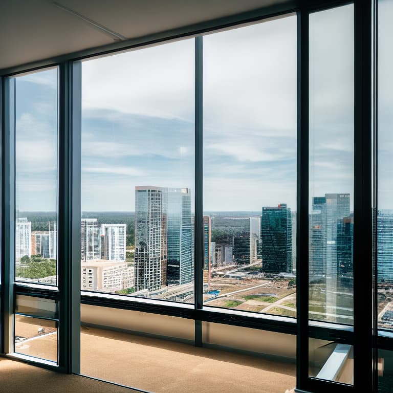  magazine about an office with glass window looking at a construction site sharp focus, 8K,