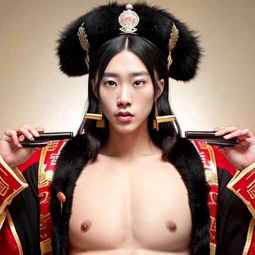  The Qing Dynasty emperor of China had a six pack, hairy chest, and a big penis. He had sex with a concubine with big breasts and his penis was inserted into his hairy labia. A man and a woman move up and down, climax, ejaculate, and spurt out secretions.Make love.