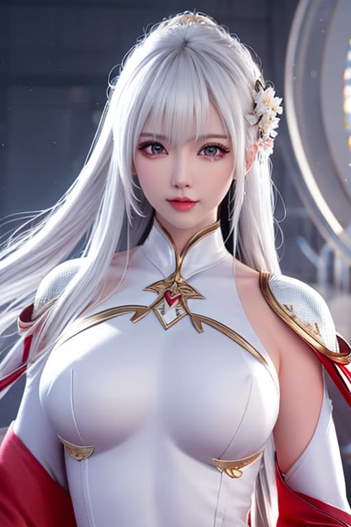  Asian . white hair down to lower back with bangs. Red eyes. Large . Wearing a white bodysuit. hyperrealistic, full body, detailed clothing, highly detailed, cinematic lighting, stunningly beautiful, intricate, sharp focus, f/1. 8, 85mm, (centered image composition), (professionally color graded), ((bright soft diffused light)), volumetric fog, trending on instagram, trending on tumblr, HDR 4K, 8K