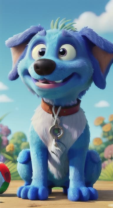  {Max carefully picking up the ball with his teeth without disturbing the flowers, The big blue dog is large with sky blue fur, big round eyes, a black nose, and floppy ears.