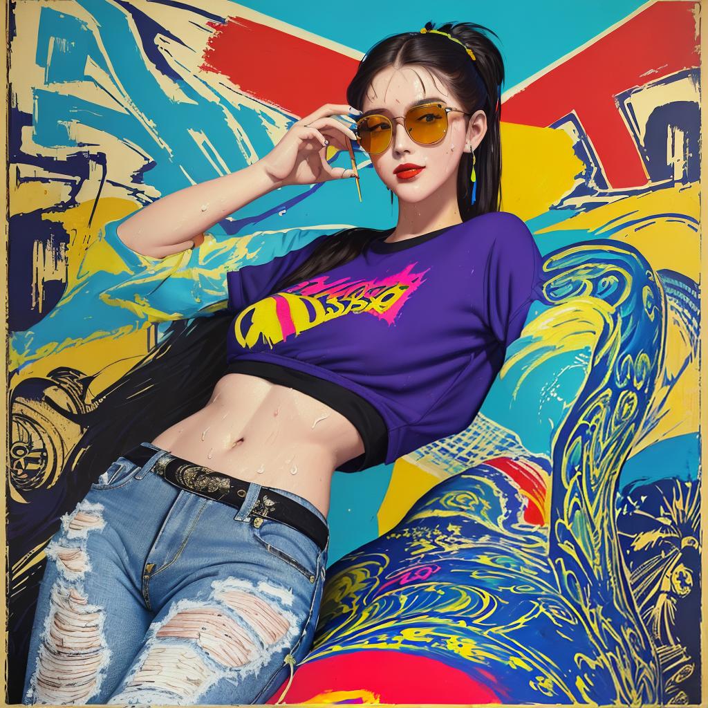  masterpiece, best quality, (Masterpiece, old poster style, acrylic painting, bold strokes, sweat:1.4), hippie girl, defiant cyberpunk style clothing and hairstyle, long hair, ripped jeans, dark glasses, 60's style, extraordinary pose, pinup, ironic smile, contrasting colors and lighting, high resolution, high detail, high attention to detail.