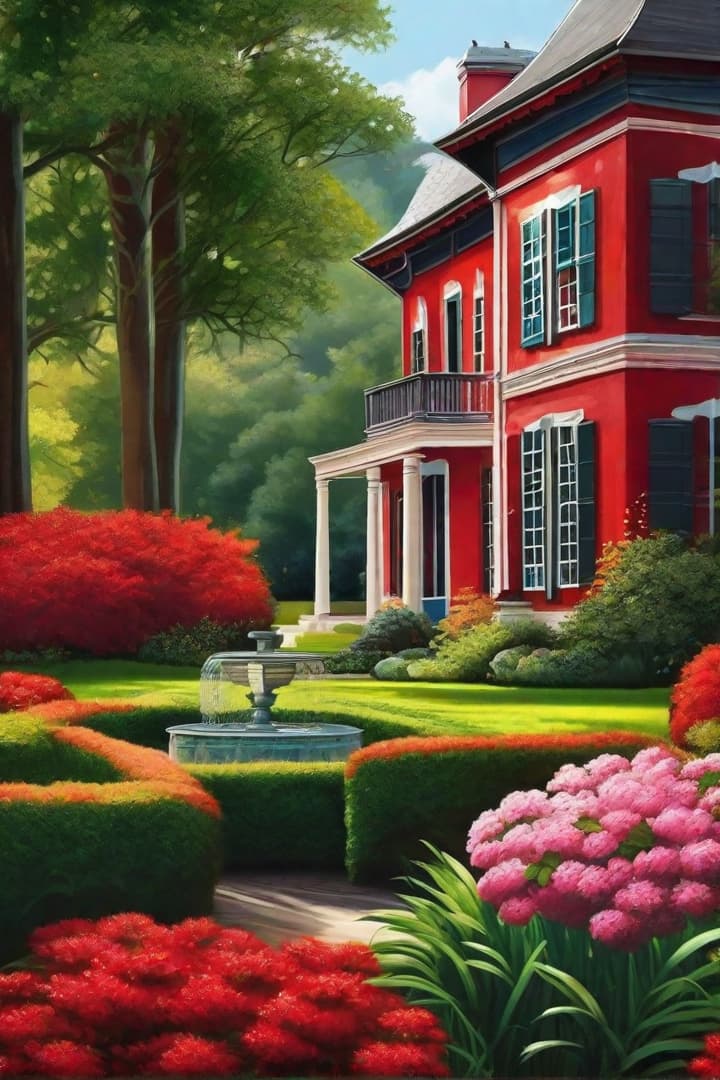  Express your creativity through digital painting. Transform the canvas with a palette of colors, blending and shading to create your own unique masterpiece: Red house with a garden in the forest