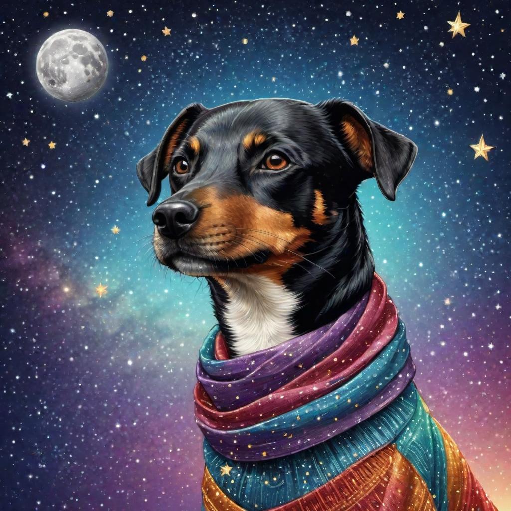 An illustrated portrait, head of jalil dog in space wearing glitter scarf standing on a moon with falling stars, Beautiful colors, pencil sketches, Vector illustration, Cel shaded, Flat, 2D, style of dan matutina, In the style of studio ghibli, Art by Hiroshi Saitō, bold lines, Bold the drawing lines, Amazing details, highly detailed, high quality