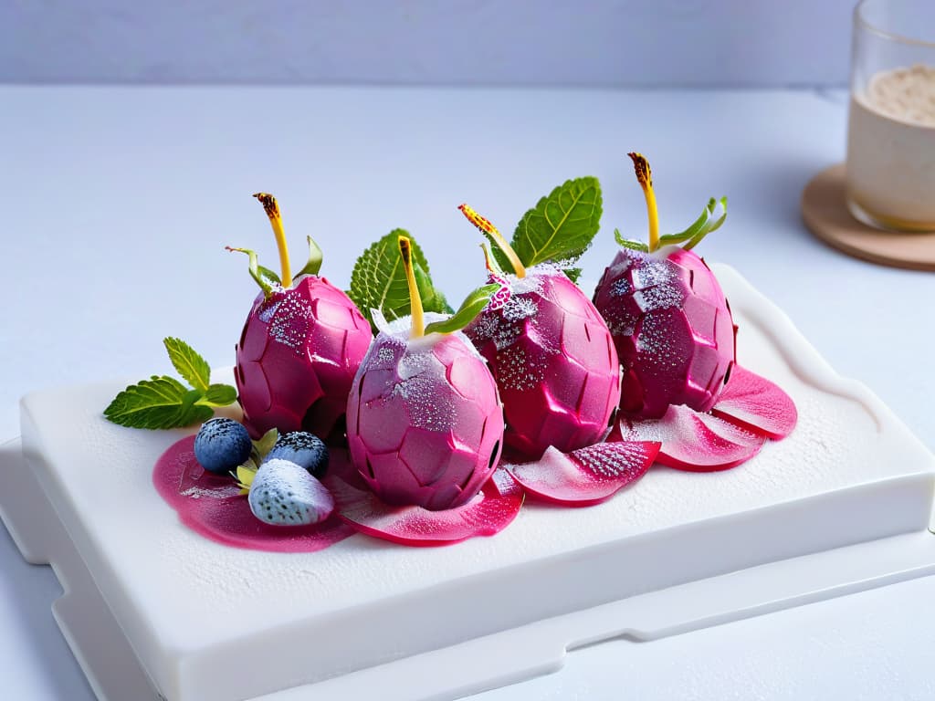  A closeup, ultradetailed image of a creamy scoop of vibrant pink dragon fruit and coconut milk homemade ice cream, elegantly garnished with fresh mint leaves and delicate edible flowers, all resting on a sleek, modern marble serving tray. The ice cream appears perfectly textured, with light glistening off its surface, showcasing the luxurious yet healthy nature of this gourmet dessert option. hyperrealistic, full body, detailed clothing, highly detailed, cinematic lighting, stunningly beautiful, intricate, sharp focus, f/1. 8, 85mm, (centered image composition), (professionally color graded), ((bright soft diffused light)), volumetric fog, trending on instagram, trending on tumblr, HDR 4K, 8K