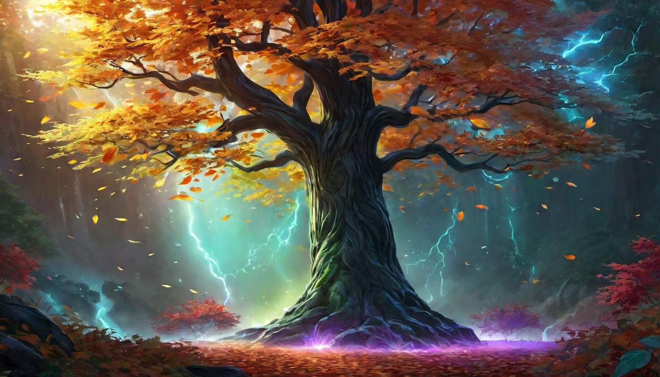  digital illustration, Tree with leaves glowing with energy, aura dissipating excess energy into the ground, calm, release, looking at viewer, dynamic pose, (intricate details, masterpiece, best quality)