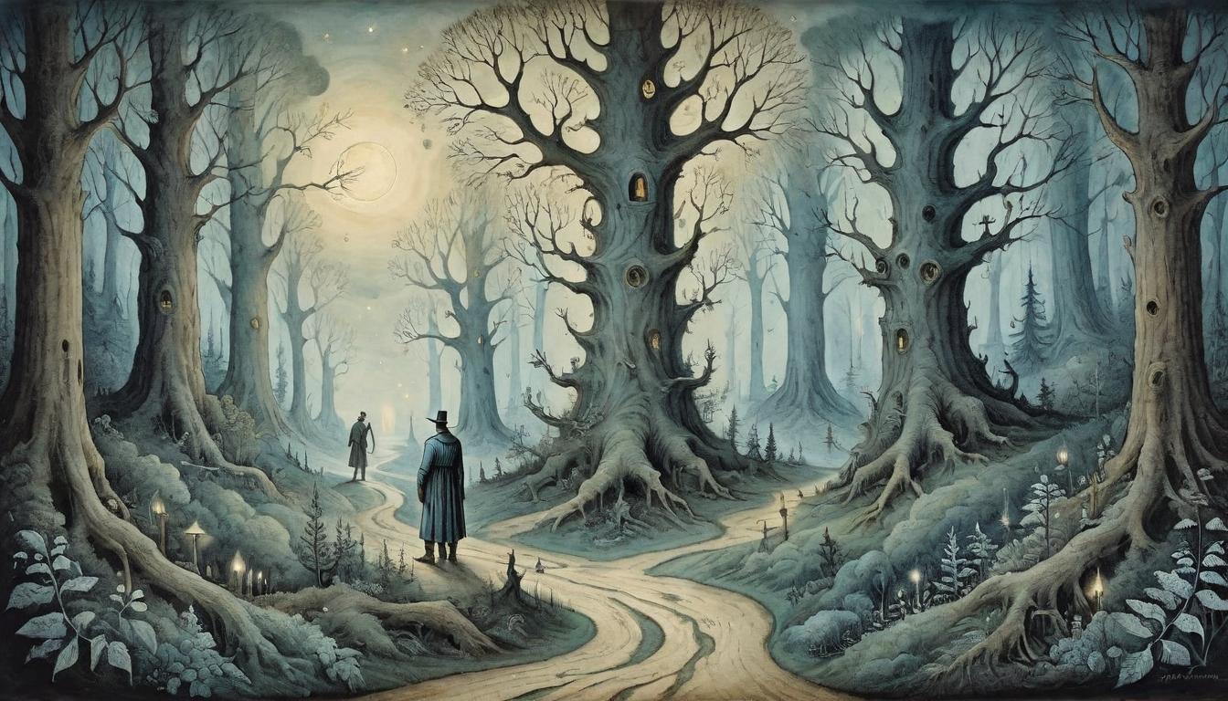  on parchment, surrealism+++, A figure standing at the crossroads of a starlit forest, paths entwined with fate and choice, mystery, guided by unseen forces(mysterious, provocative, symbolic,muted color)+++