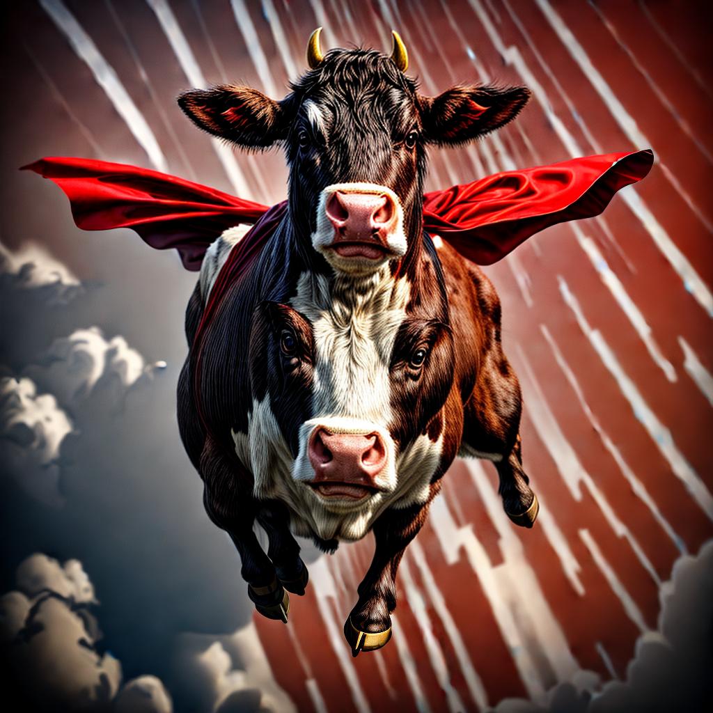  swiss super cow, flying, brown, superman cape in red, best quality, masterpiece