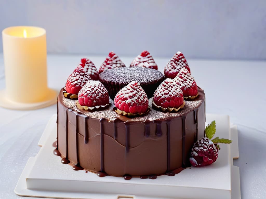  An ultradetailed, photorealistic image of a decadent chocolate quinoa cake, rich in texture and topped with a glossy ganache and fresh raspberries. The cake is intricately decorated with edible gold flakes and delicate chocolate shavings, placed on a sleek marble cake stand under soft, natural lighting that highlights its sumptuous details. hyperrealistic, full body, detailed clothing, highly detailed, cinematic lighting, stunningly beautiful, intricate, sharp focus, f/1. 8, 85mm, (centered image composition), (professionally color graded), ((bright soft diffused light)), volumetric fog, trending on instagram, trending on tumblr, HDR 4K, 8K