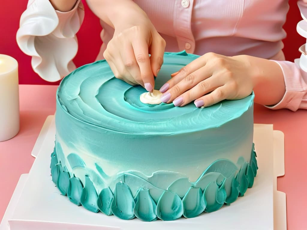  A closeup, ultradetailed image of a pair of hands meticulously shaping and smoothing out a vibrant teal fondant over a round cake, showcasing the intricate process of cake decorating. The hands, showcasing delicate movements and expertise, stand out against the pastel pink backdrop, creating a visually striking and inspiring image for beginners looking to learn the art of fondant cake decoration. hyperrealistic, full body, detailed clothing, highly detailed, cinematic lighting, stunningly beautiful, intricate, sharp focus, f/1. 8, 85mm, (centered image composition), (professionally color graded), ((bright soft diffused light)), volumetric fog, trending on instagram, trending on tumblr, HDR 4K, 8K