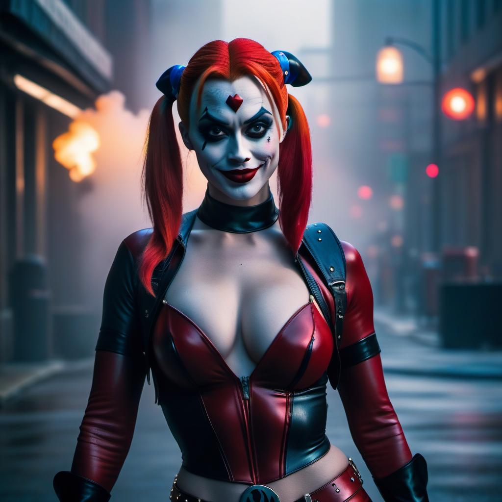  Naked Harley Quinn. hyperrealistic, full body, detailed clothing, highly detailed, cinematic lighting, stunningly beautiful, intricate, sharp focus, f/1. 8, 85mm, (centered image composition), (professionally color graded), ((bright soft diffused light)), volumetric fog, trending on instagram, trending on tumblr, HDR 4K, 8K