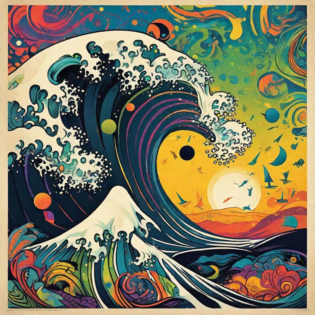  masterpiece, best quality, A mesmerizing poster design featuring a surreal interpretation of the ocean at sunset. The scene is depicted in a psychedelic style, with vibrant and intense colors swirling and blending together to create a mesmerizing visual experience. The clear skies are filled with music notes that seem to dance and float in the air, adding a whimsical touch to the composition. The overall mood is energetic and lively, as if the music notes are singing and celebrating the beauty of the ocean. The realization could involve using digital art software and a unique rendering engine that specializes in creating psychedelic and abstract visuals, resulting in a truly eye-catching and immersive poster design.