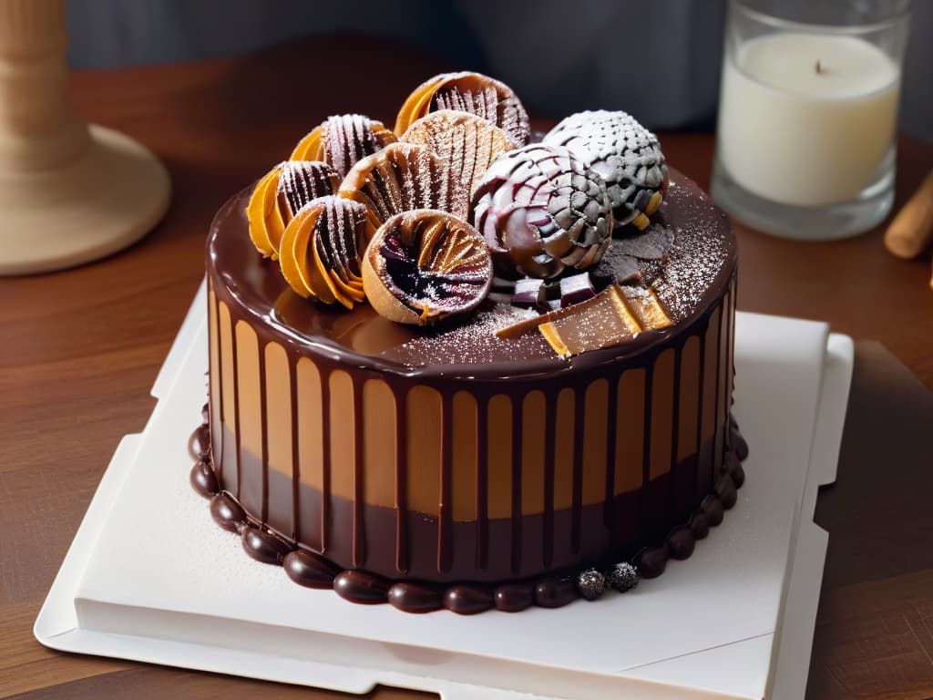  An ultradetailed closeup image of a glossy, perfectly smooth chocolate glaze cascading down the side of a decadent layered cake. The glaze reflects the soft ambient lighting, showcasing a flawless mirrorlike finish that highlights every detail of the cake's intricate layers and textures. The rich, deep brown color of the glaze contrasts beautifully with the light golden hues of the cake, creating a visually striking and luxurious dessert masterpiece. hyperrealistic, full body, detailed clothing, highly detailed, cinematic lighting, stunningly beautiful, intricate, sharp focus, f/1. 8, 85mm, (centered image composition), (professionally color graded), ((bright soft diffused light)), volumetric fog, trending on instagram, trending on tumblr, HDR 4K, 8K