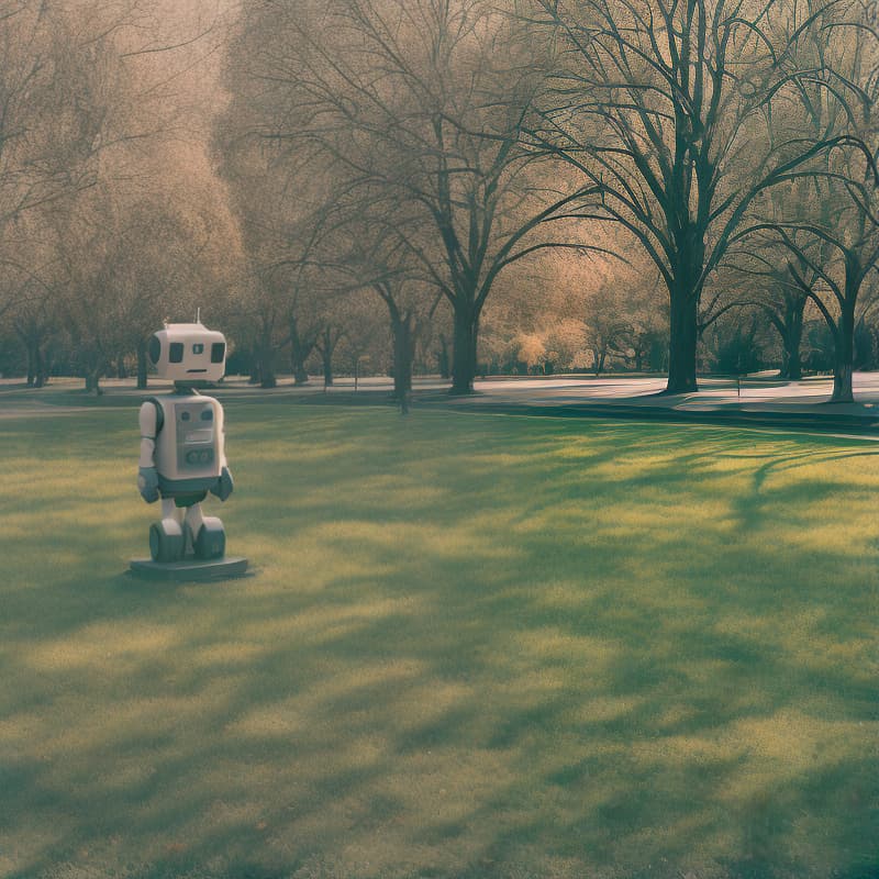 analog style a robot sitting in a park.