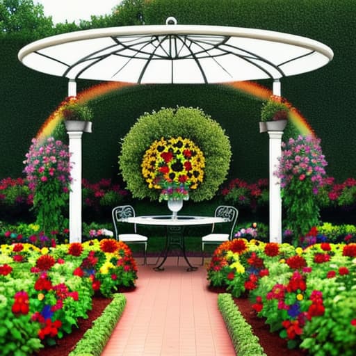  A very beautiful garden and in the middle a glass table with a floral mosaic floor of beautiful colors and a crimson red brick wall around flowers and sunflowers and a rainbow in the sky