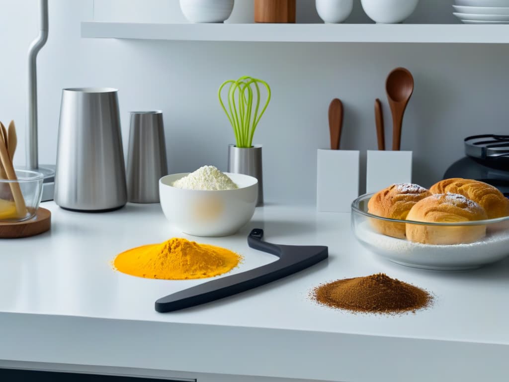  An 8k ultradetailed image of a sleek, minimalistic kitchen counter adorned with an array of highquality baking utensils carefully arranged in an organized and aesthetically pleasing manner. The utensils include a stainless steel whisk, a set of colorful silicone spatulas, a marble rolling pin, a digital kitchen scale, a piping bag with various tips, a selection of cookie cutters, and a pastry brush. The lighting is soft and highlights the clean lines and sophistication of the utensils, creating a visually appealing and aspirational image for readers looking to elevate their baking tools. hyperrealistic, full body, detailed clothing, highly detailed, cinematic lighting, stunningly beautiful, intricate, sharp focus, f/1. 8, 85mm, (centered image composition), (professionally color graded), ((bright soft diffused light)), volumetric fog, trending on instagram, trending on tumblr, HDR 4K, 8K