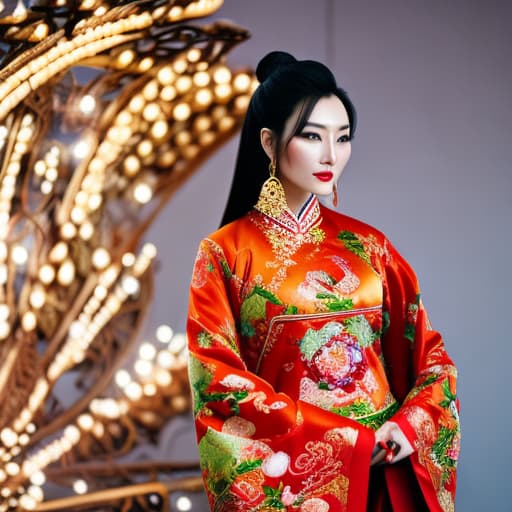 analog style Young fierce Chinese woman in traditional Chinese clothes against the background of a clearing full length hyperrealistic, full body, detailed clothing, highly detailed, cinematic lighting, stunningly beautiful, intricate, sharp focus, f/1. 8, 85mm, (centered image composition), (professionally color graded), ((bright soft diffused light)), volumetric fog, trending on instagram, trending on tumblr, HDR 4K, 8K