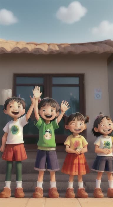  {A heartwarming scene of all the children waving goodbye with happy expressions., Children waving with wide smiles, looking grateful and content.