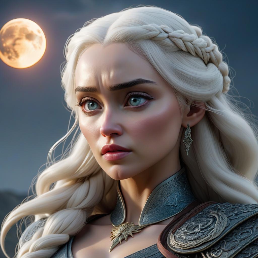  Daenerys Targaryen gazes at the moon. hyperrealistic, full body, detailed clothing, highly detailed, cinematic lighting, stunningly beautiful, intricate, sharp focus, f/1. 8, 85mm, (centered image composition), (professionally color graded), ((bright soft diffused light)), volumetric fog, trending on instagram, trending on tumblr, HDR 4K, 8K