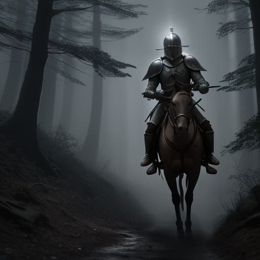  Un soldado con armadura de guerra desgastada dañada sin casco con rostro lastimado montando un caballo de color marrón caminando por un bosque sombrío oscuro ambiente triste y oscuro con cabeza en picada ambiente triste con lluvia llorando Cinematic Quality, High Resolution, Dramatic hyperrealistic, full body, detailed clothing, highly detailed, cinematic lighting, stunningly beautiful, intricate, sharp focus, f/1. 8, 85mm, (centered image composition), (professionally color graded), ((bright soft diffused light)), volumetric fog, trending on instagram, trending on tumblr, HDR 4K, 8K