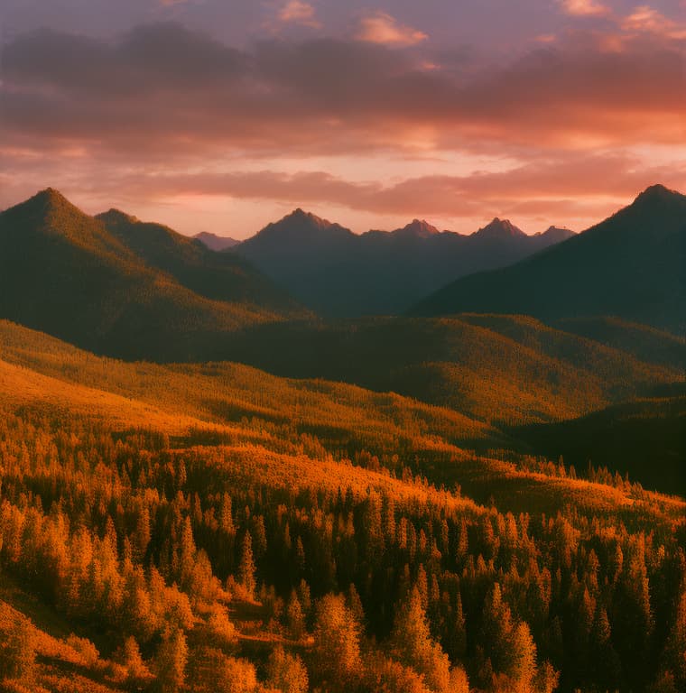 analog style a serene mountain landscape at sunset. 8k digital render.