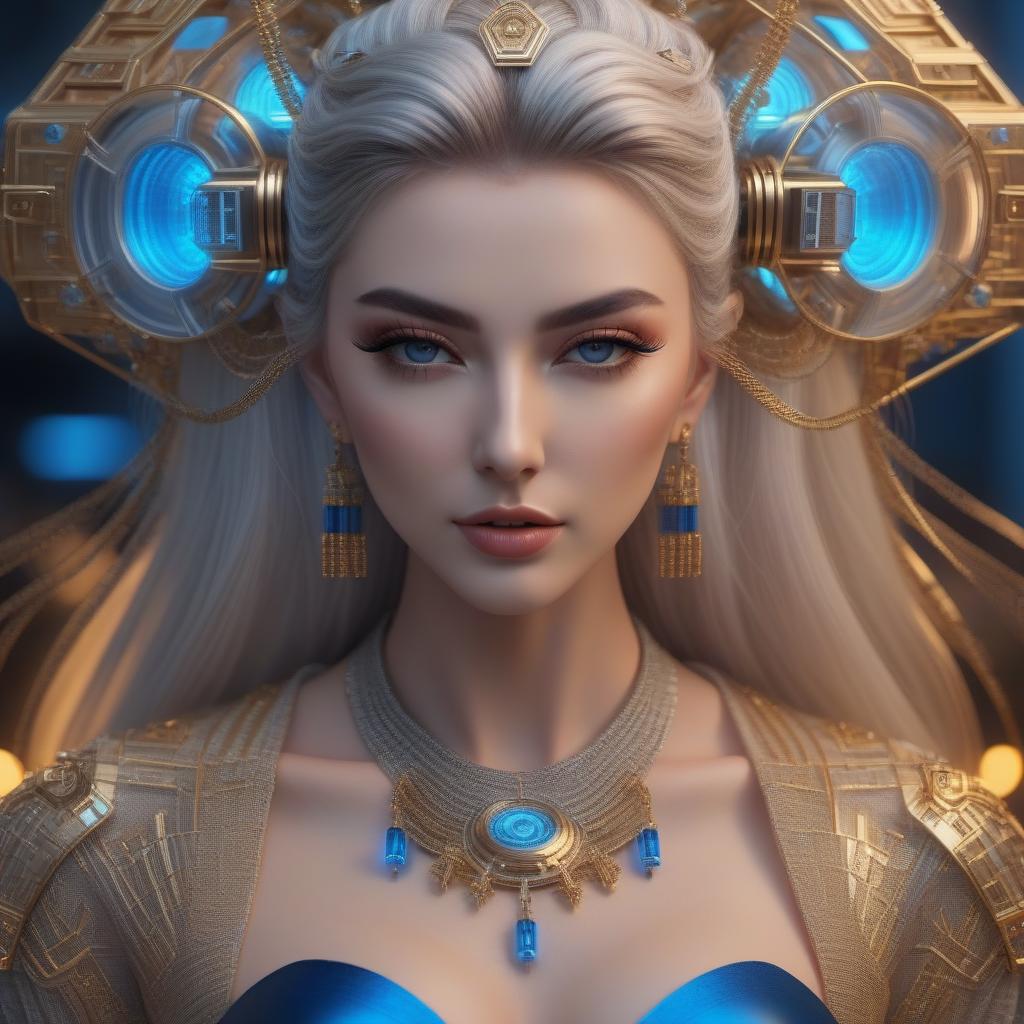  Your Prompt: a metal silver with a gold robot, the wires in a blue glow with a beautiful face of a girl are visible.Style art hyperrealistic, full body, detailed clothing, highly detailed, cinematic lighting, stunningly beautiful, intricate, sharp focus, f/1. 8, 85mm, (centered image composition), (professionally color graded), ((bright soft diffused light)), volumetric fog, trending on instagram, trending on tumblr, HDR 4K, 8K