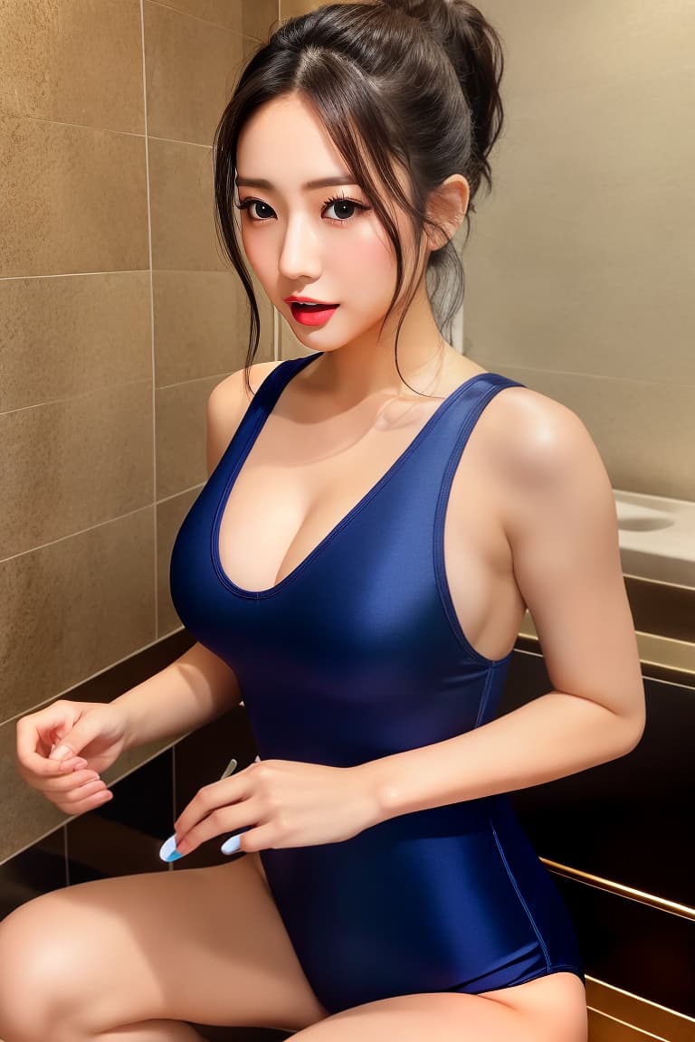  (masterpiece:1.3), (8k, photorealistic, RAW photo, best quality: 1.4), (realistic face), realistic eyes, (realistic skin), beautiful skin, (perfect body:1.3), (detailed body:1.2), ((((masterpiece)))), best quality, very_high_resolution, ultra-detailed, in-frame, beautiful, stunning, Natsuko Tatsumi-like, gorgeous, Japanese beauty, mesmerizing eyes, long eyelashes, gal makeup, ponytail, wide open mouth screaming, long tongue, tight-fitting navy blue one-piece swimsuit, thin shoulder straps, U-neckline, high-cut, accidental cleavage, amazing breasts, reaching out, bathroom tiles of a hotel, squatting with legs open, exposed crotch, barefoot, occupation as a modest and diligent suit shop clerk, ultra high res, ultra realistic, highly detailed,