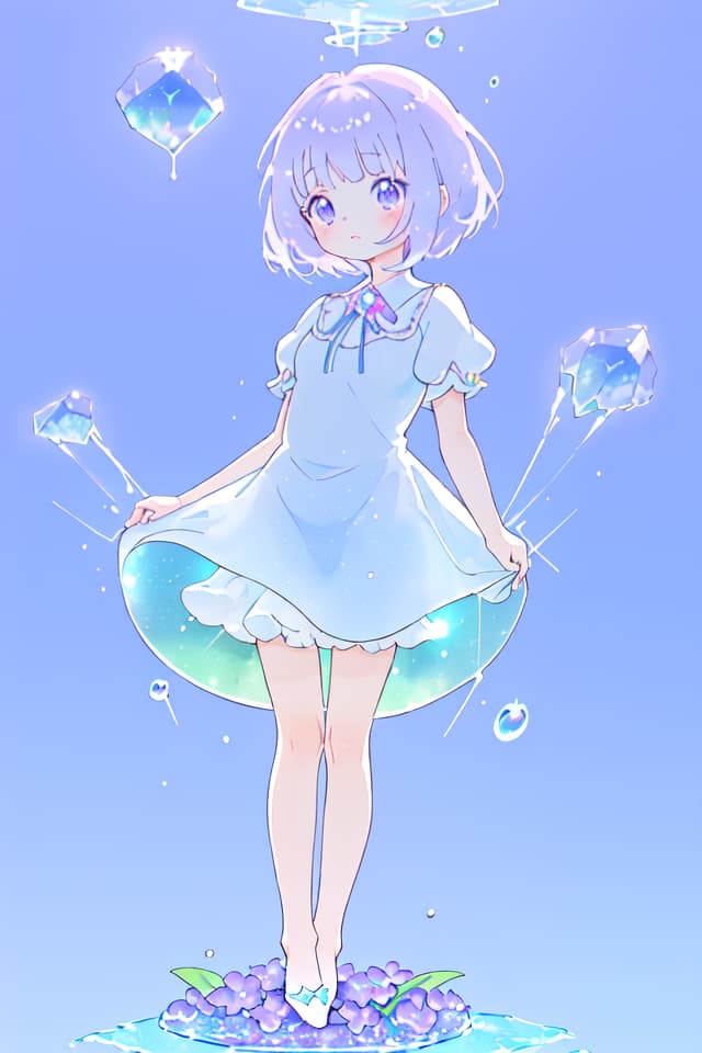  A cute girl stands on top of the crystal clear gl cup,surrounded by sparkling water droplets and purple flowers floating in a light blue background. The full body photo has soft lighting in the style of anime with dreamy colors,cute expressions,and delicate details. ar 3:4 niji 6