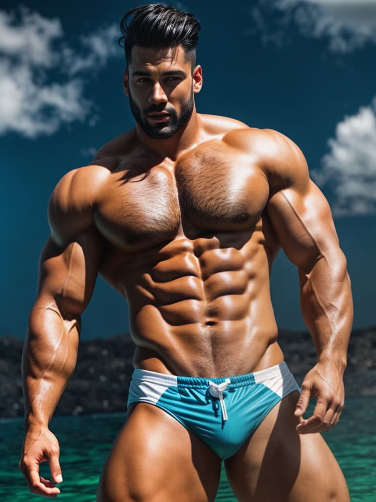  Draw a muscular man in a swimsuit, but he later ate 250 pounds hyperrealistic, full body, detailed clothing, highly detailed, cinematic lighting, stunningly beautiful, intricate, sharp focus, f/1. 8, 85mm, (centered image composition), (professionally color graded), ((bright soft diffused light)), volumetric fog, trending on instagram, trending on tumblr, HDR 4K, 8K