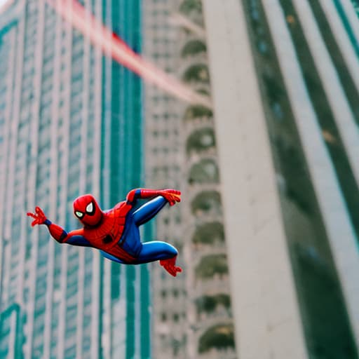 analog style A sticker of a chibi Spider-Man with red, blue, and white colors, a hand holding it, on top of a skyscraper ledge, high detail, realistic, Canon EOS R5