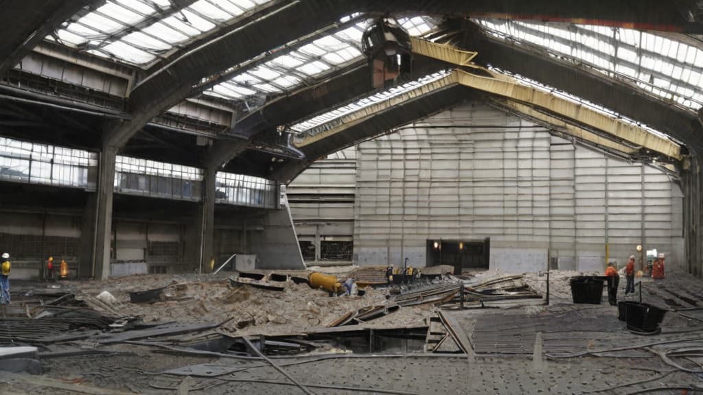  “Listen now we're gonna go slowly that way to that direction we'll get closer. Let's go. That's the pit as a result of the explosion so the debris flew fell on the roof and it all fell into the turbine hall. That's how this pit was formed. Now we are talking about removing the roof of the turbine hall. There are around 30 pieces of graphite there. We'll throw it over. We haven't figured out how to do it yet. It's a simple job you can come out with shovels. The roof of the turbine hall is unstable. So heavy machinery won't go there. Now look now here where it's deactivated you see even up to one there's no roentgen the device won't show. Now we're approaching the area where the dose rate will be high. Look it's started rising. Come here. H