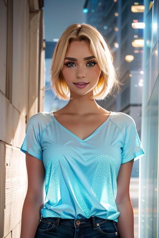  1girl,1girl,blonde short hair,straight hair,upper body shot,shirt,smile hyperrealistic, full body, detailed clothing, highly detailed, cinematic lighting, stunningly beautiful, intricate, sharp focus, f/1. 8, 85mm, (centered image composition), (professionally color graded), ((bright soft diffused light)), volumetric fog, trending on instagram, trending on tumblr, HDR 4K, 8K