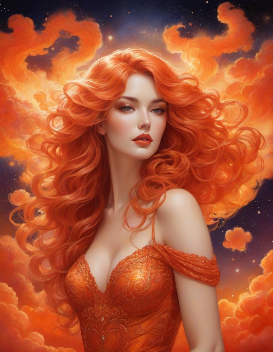  pointillism style Gorgeous Goddess of fire, (floating on a fiery orange cloud); perfect hair, perfect full lips, Detailed perfect body, her body is all without blemish, stunning In A Milky Way Garden, background of flames, floating on clouds, Highly Stylized Features; (Full Body), Unsplash, Highly Detailed, Digital Painting, Intricately Detailed Eyes, Colourful, Ink Painting, Beautiful Watercolor Painting, Realistic, Detailed, Fine Art, Oil Painting, Finely Drawn Hands; By Artgerm, By Alphonse Mucha, By Ilya Kuvshinov, Painting By Olga Shvartsur, Svetlana Novikova . composed entirely of small, distinct dots of color, vibrant, highly detailed hyperrealistic, full body, detailed clothing, highly detailed, cinematic lighting, stunningly beautiful, intricate, sharp focus, f/1. 8, 85mm, (centered image composition), (professionally color graded), ((bright soft diffused light)), volumetric fog, trending on instagram, trending on tumblr, HDR 4K, 8K