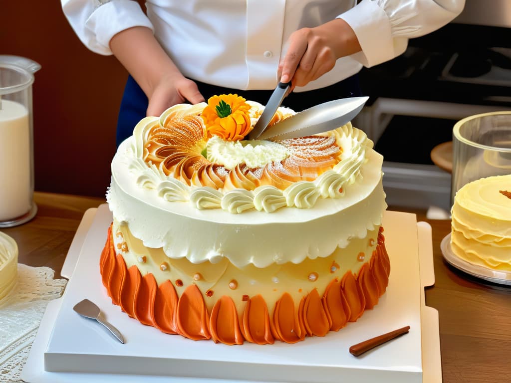  A photorealistic image of a determined baker with a physical disability skillfully decorating a beautifully crafted cake, showcasing adaptability and resilience in the kitchen. The baker is meticulously piping intricate designs on the cake, surrounded by various baking ingredients and tools, exuding focus and passion for their craft. The scene captures the essence of overcoming challenges and creating delicious treats despite physical limitations, inspiring others to pursue their baking dreams. hyperrealistic, full body, detailed clothing, highly detailed, cinematic lighting, stunningly beautiful, intricate, sharp focus, f/1. 8, 85mm, (centered image composition), (professionally color graded), ((bright soft diffused light)), volumetric fog, trending on instagram, trending on tumblr, HDR 4K, 8K