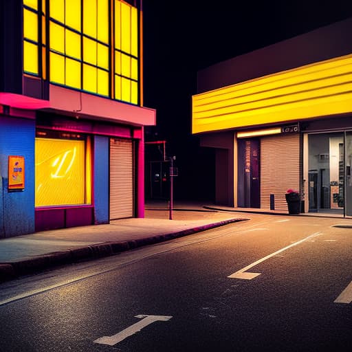 nvinkpunk photo of a ultra realistic space, dramatic yellow light, cinematic, sharp, A deserted city street at night, a street lamp illuminates with yellow light the corner of a house with a pharmacy closed for the night