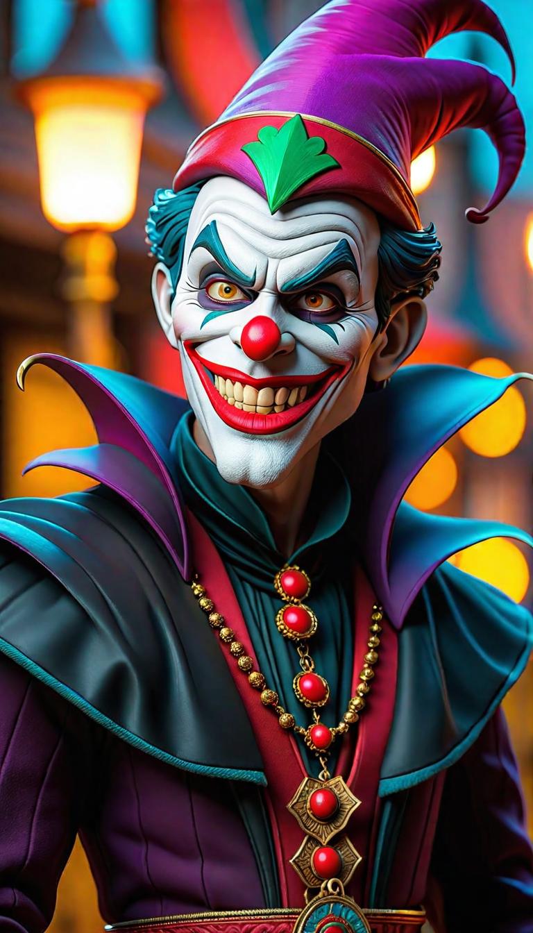  Professional 3D model of a dark sinister jester in a dark carnival. Dark, mysterious, scary, haunting, dramatic, ornate, detailed. Facing forward . Rendered with Octane, the model is highly detailed,dramatic lighting. hyperrealistic, full body, detailed clothing, highly detailed, cinematic lighting, stunningly beautiful, intricate, sharp focus, f/1. 8, 85mm, (centered image composition), (professionally color graded), ((bright soft diffused light)), volumetric fog, trending on instagram, trending on tumblr, HDR 4K, 8K