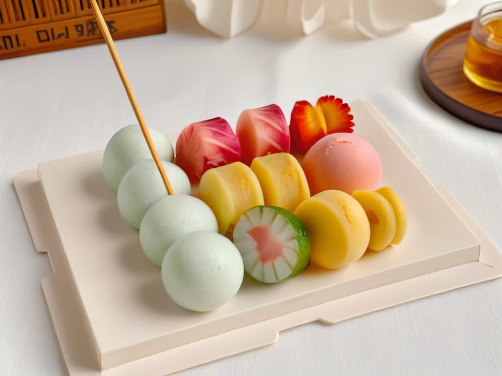  A serene and minimalistic image of a beautifully arranged set of freshly made dango balls, showcasing their various pastel colors and delicate skewers, set on a simple, elegant Japanese ceramic plate against a backdrop of traditional bamboo mat. The dango balls are perfectly shaped and glisten slightly under a soft, natural light, emphasizing their chewy texture and inviting presentation. The composition exudes a sense of tranquility and authenticity, capturing the essence of this classic Japanese treat in a visually appealing and minimalist style. hyperrealistic, full body, detailed clothing, highly detailed, cinematic lighting, stunningly beautiful, intricate, sharp focus, f/1. 8, 85mm, (centered image composition), (professionally color graded), ((bright soft diffused light)), volumetric fog, trending on instagram, trending on tumblr, HDR 4K, 8K