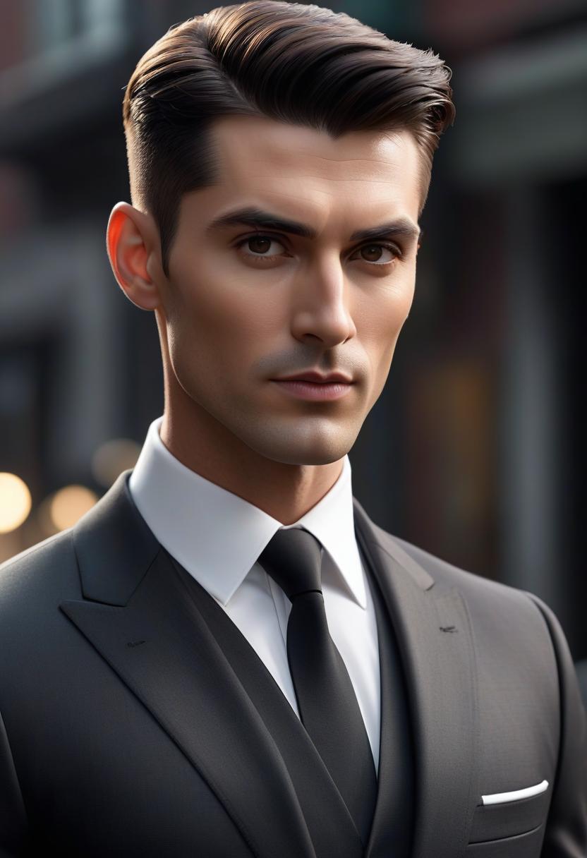  Man: A square shaped, round almond, black eyes. Slightly upturned straight nose. Slightly full, straight lips, thick, neat eyebrows. A short, beaver colored haircut: On him wear a black suit. hyperrealistic, full body, detailed clothing, highly detailed, cinematic lighting, stunningly beautiful, intricate, sharp focus, f/1. 8, 85mm, (centered image composition), (professionally color graded), ((bright soft diffused light)), volumetric fog, trending on instagram, trending on tumblr, HDR 4K, 8K