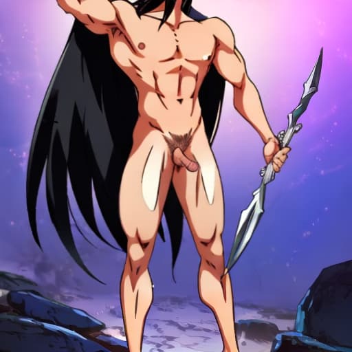  a black hair muscular cute anime boy naked holding his friend's penis