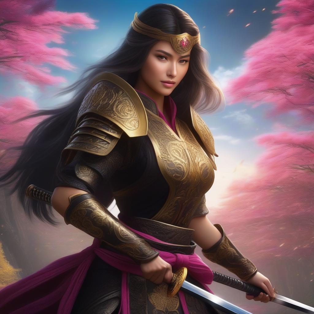  A Christian Holy paladin beautiful girl magical samurai uses katana loves God with her heart, her favorite colors are black, gold and pink, she golden rays come from her body ful body she reads her Bible , ((masterpiece)), best quality, very detailed, high resolution, sharp, sharp image, extremely detailed, 4k, 8k