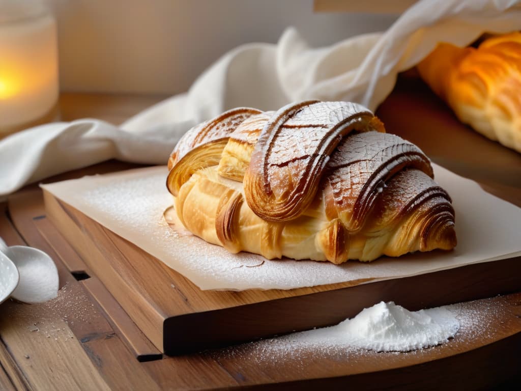  An ultradetailed closeup image of a perfectly golden and flaky croissant, freshly baked and placed on a rustic wooden table. The croissant is beautifully styled with a light dusting of powdered sugar, with visible steam rising from its warm interior. The intricate layers of the pastry are clearly defined, showcasing the skill and craftsmanship required in the art of pastry making. The lighting is soft, creating a warm and inviting atmosphere, inviting the viewer to appreciate the beauty and artistry of this classic French pastry. hyperrealistic, full body, detailed clothing, highly detailed, cinematic lighting, stunningly beautiful, intricate, sharp focus, f/1. 8, 85mm, (centered image composition), (professionally color graded), ((bright soft diffused light)), volumetric fog, trending on instagram, trending on tumblr, HDR 4K, 8K