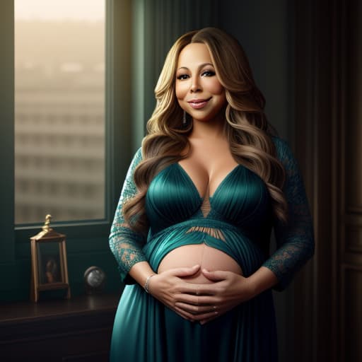  A pregnant 40 year old Mariah Carey with an enhanced chest, wearing see through maternity clothes and showing off her heavily pregnant belly. photorealistic, detailed photograph, cinematic lighting, beautiful, professional, cinematic, fantasy, masterpiece, perfect composition, full shot, full body, highly detailed, HD, realistic render, lifelike, detailed face , intricate details, photorealistic,hyperrealistic, high quality, highly detailed, cinematic lighting, intricate, sharp focus, f/1. 8, 85mm, (centered image composition), (professionally color graded), ((bright soft diffused light)), volumetric fog, trending on instagram, HDR 4K, 8K
