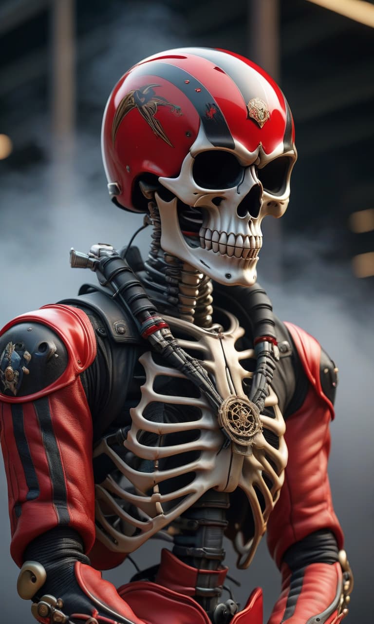  breathtaking A skeleton in a red black racing helmet. . award winning, professional, highly detailed hyperrealistic, full body, detailed clothing, highly detailed, cinematic lighting, stunningly beautiful, intricate, sharp focus, f/1. 8, 85mm, (centered image composition), (professionally color graded), ((bright soft diffused light)), volumetric fog, trending on instagram, trending on tumblr, HDR 4K, 8K