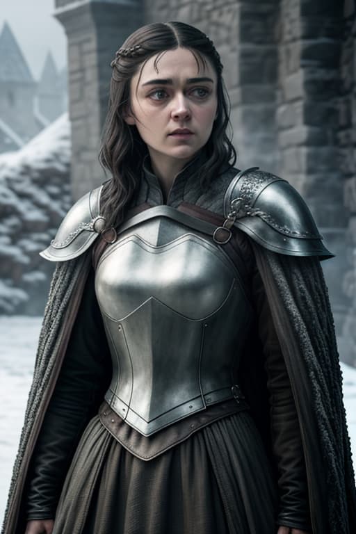  game of thrones, arya stark hyperrealistic, full body, detailed clothing, highly detailed, cinematic lighting, stunningly beautiful, intricate, sharp focus, f/1. 8, 85mm, (centered image composition), (professionally color graded), ((bright soft diffused light)), volumetric fog, trending on instagram, trending on tumblr, HDR 4K, 8K